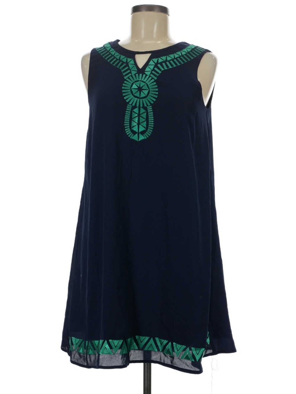 Blue Navy Ya Los Angeles Aline Minidress With Green Embroidery Detail